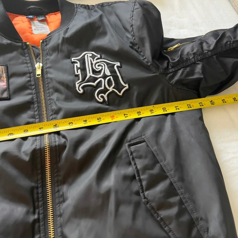HM Divided Mens LA Patch Bomber Jacket Black Orange Lining Medium Streetwear MA1